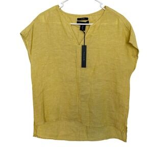 TAHARI Women's Yellow 100% Linen V Neck Cap Sleeve Casual Top Size S Minimalist